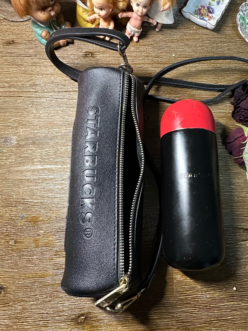 Starbucks Black Leather Crossbody Pouch with Black & Red Tumbler Cap
